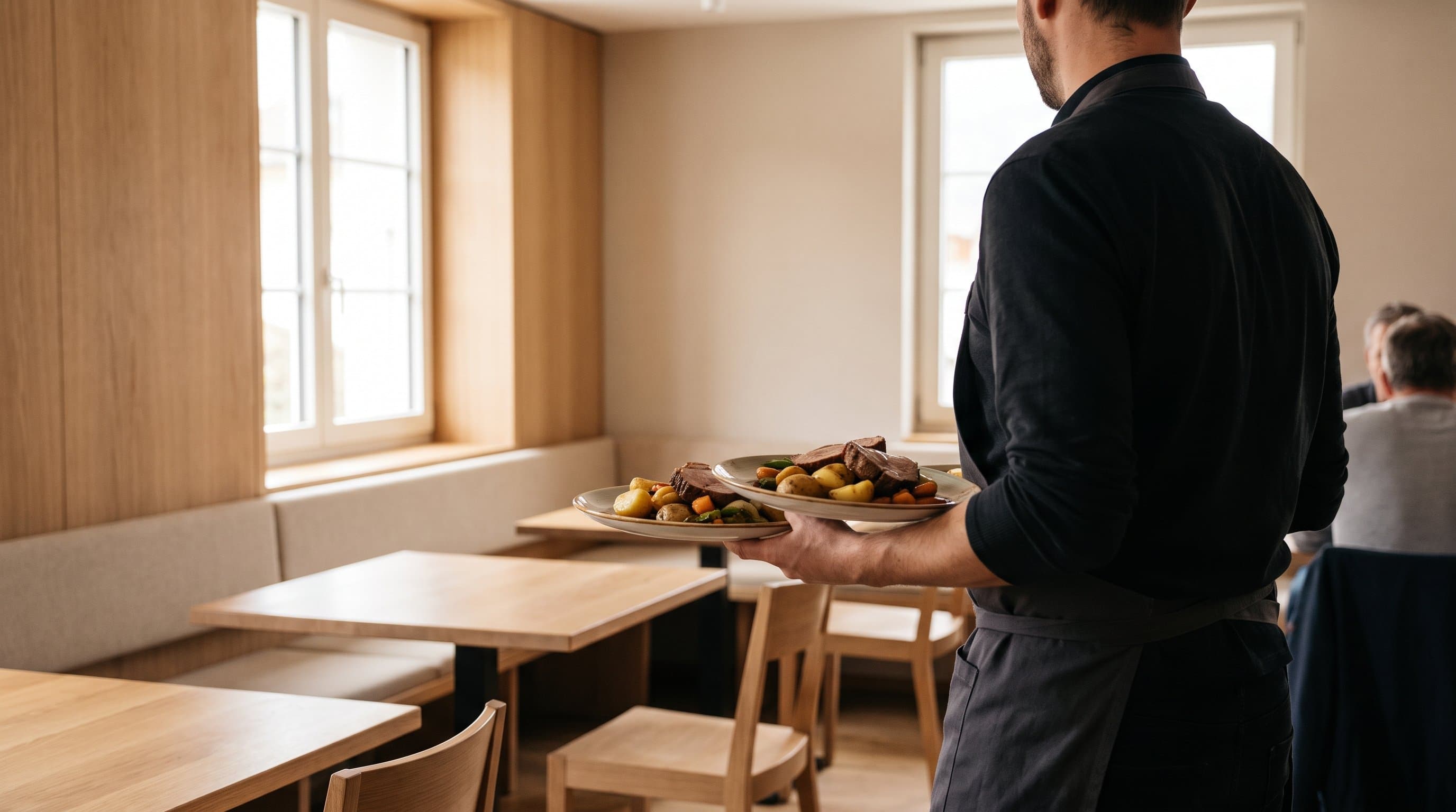 Eine Servicekraft trägt zwei Teller durch die getäferte Gaststube