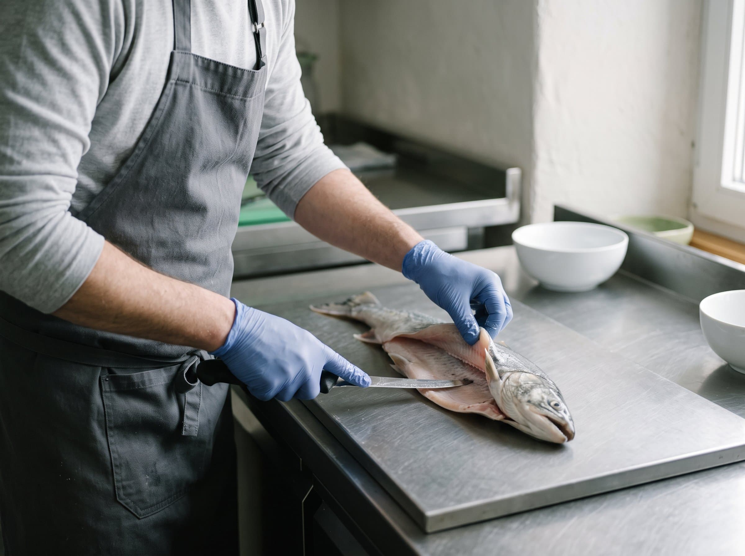 Ein Filetiermesser fährt der Gräte entlang durch einen ganzen Fisch