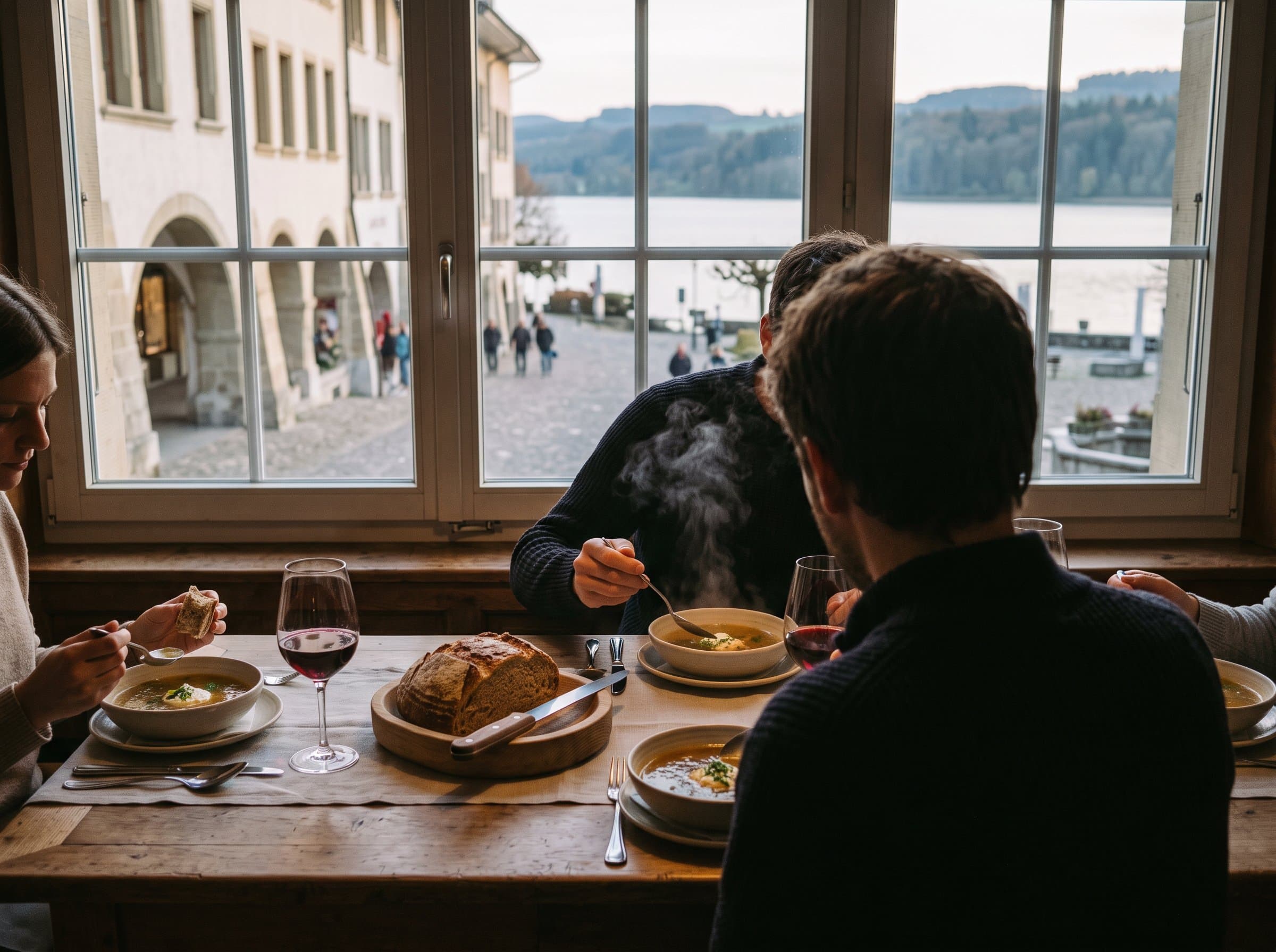 Ein für vier gedeckter Tisch mit dampfenden Suppentellern, Brotkorb und Weingläsern