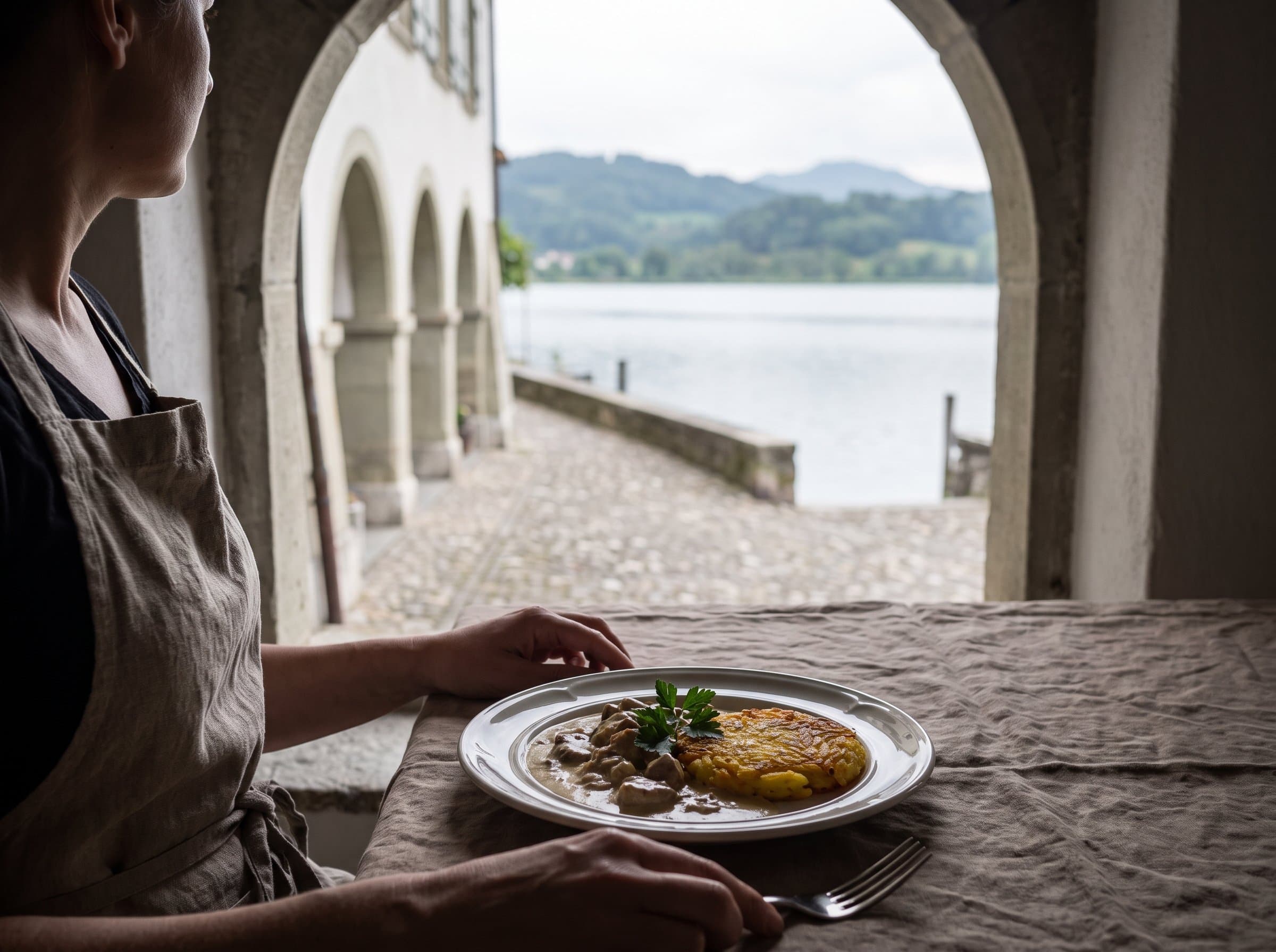 Ein angerichteter Teller Kalbfleisch an Rahmsauce mit Rösti auf weissem Tischtuch