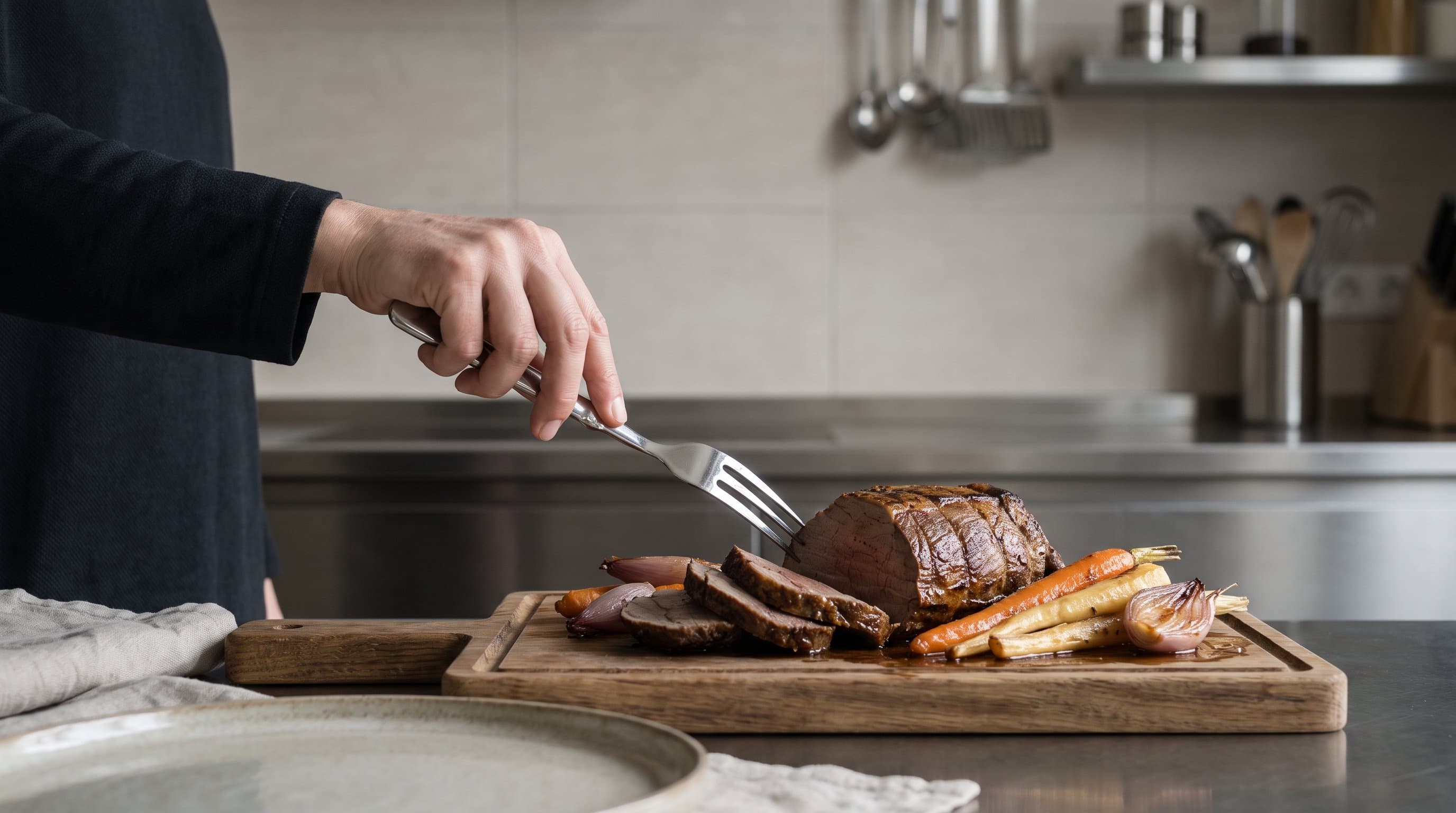 Ein aufgeschnittener Braten mit glasiertem Wurzelgemüse auf dem Holzbrett