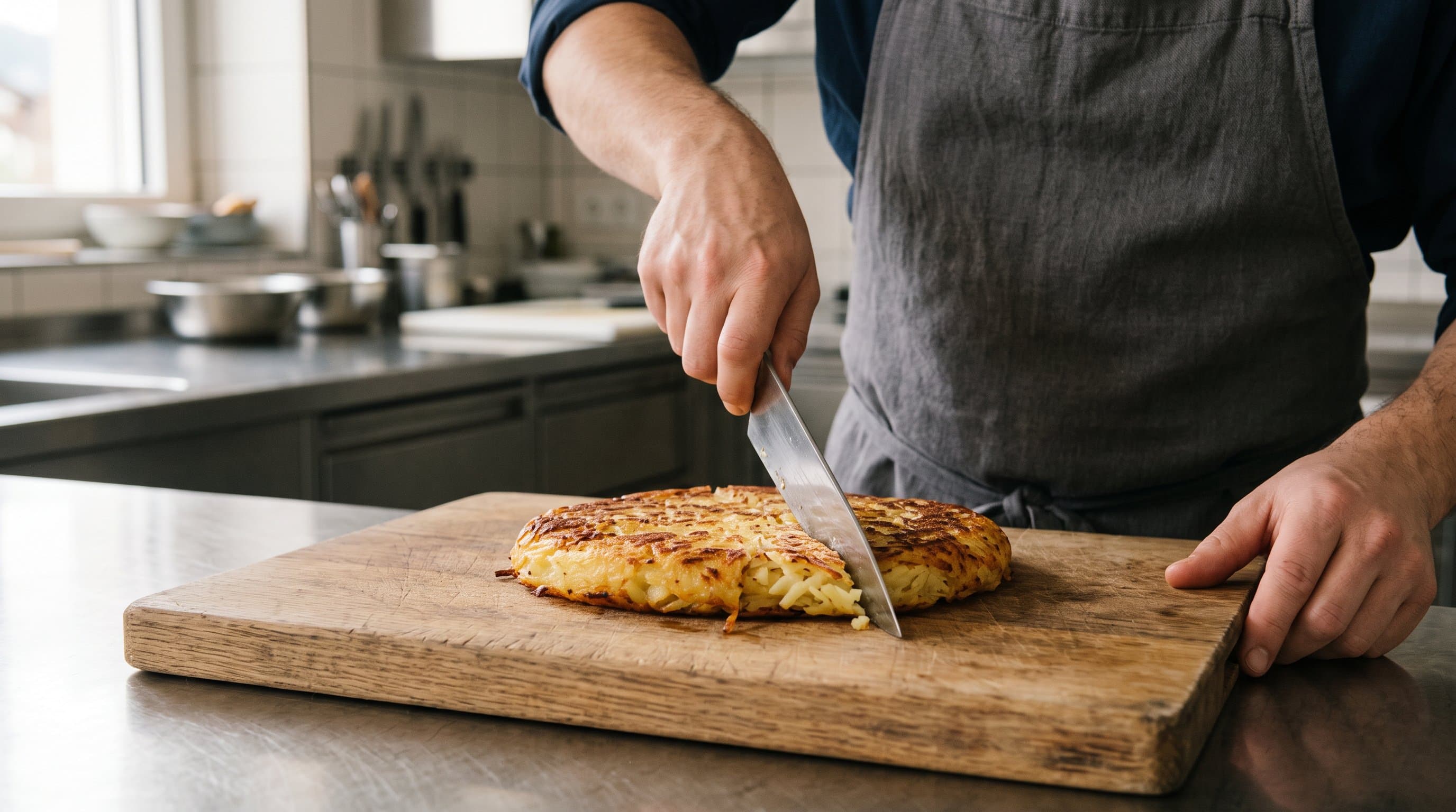 Ein Messer schneidet auf dem Holzbrett durch eine goldene Rösti