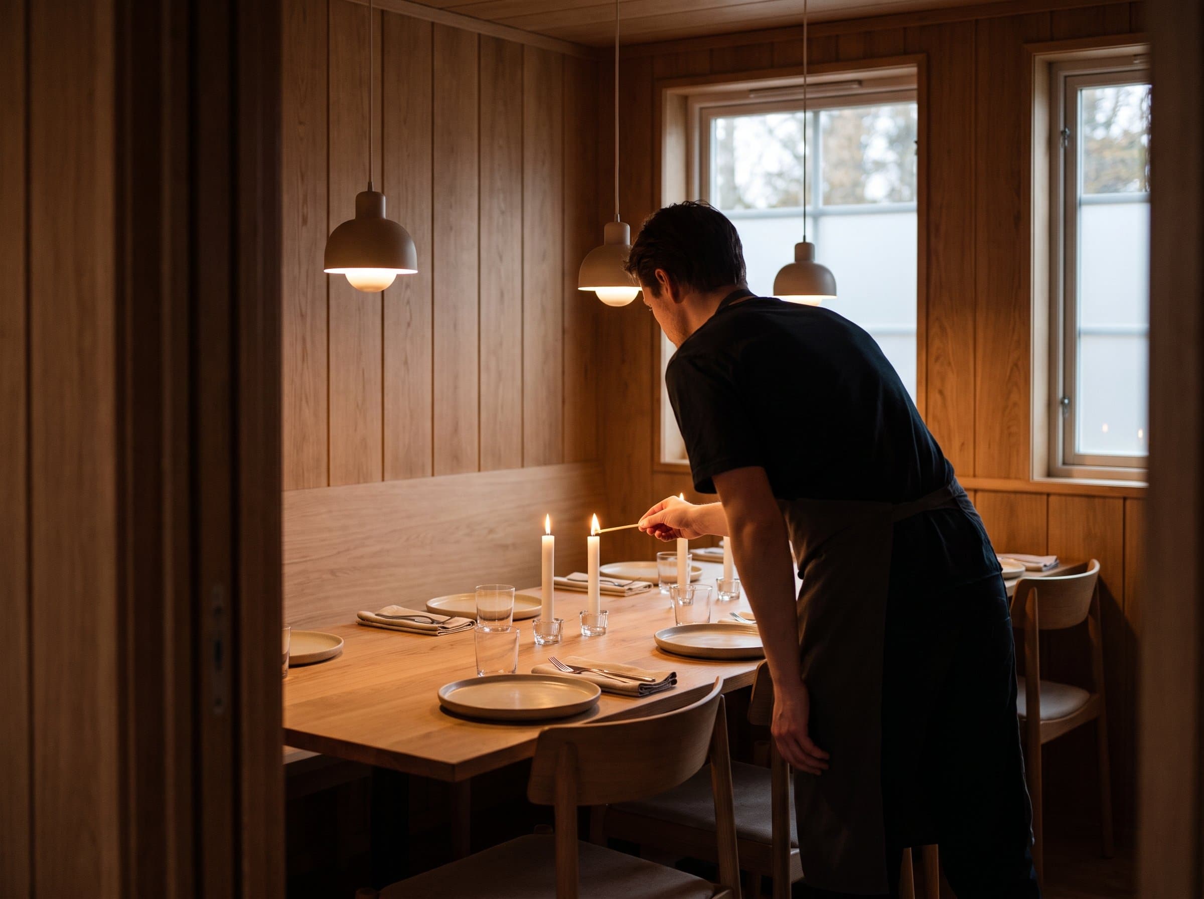 Blick in eine getäferte Gaststube, am gedeckten Tisch werden die Kerzen angezündet
